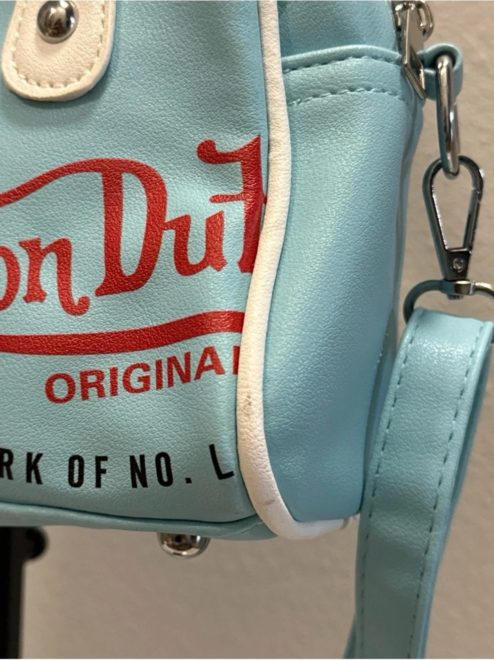 Von Dutch Light Blue Mini Satchel with White Handles and Red Logo